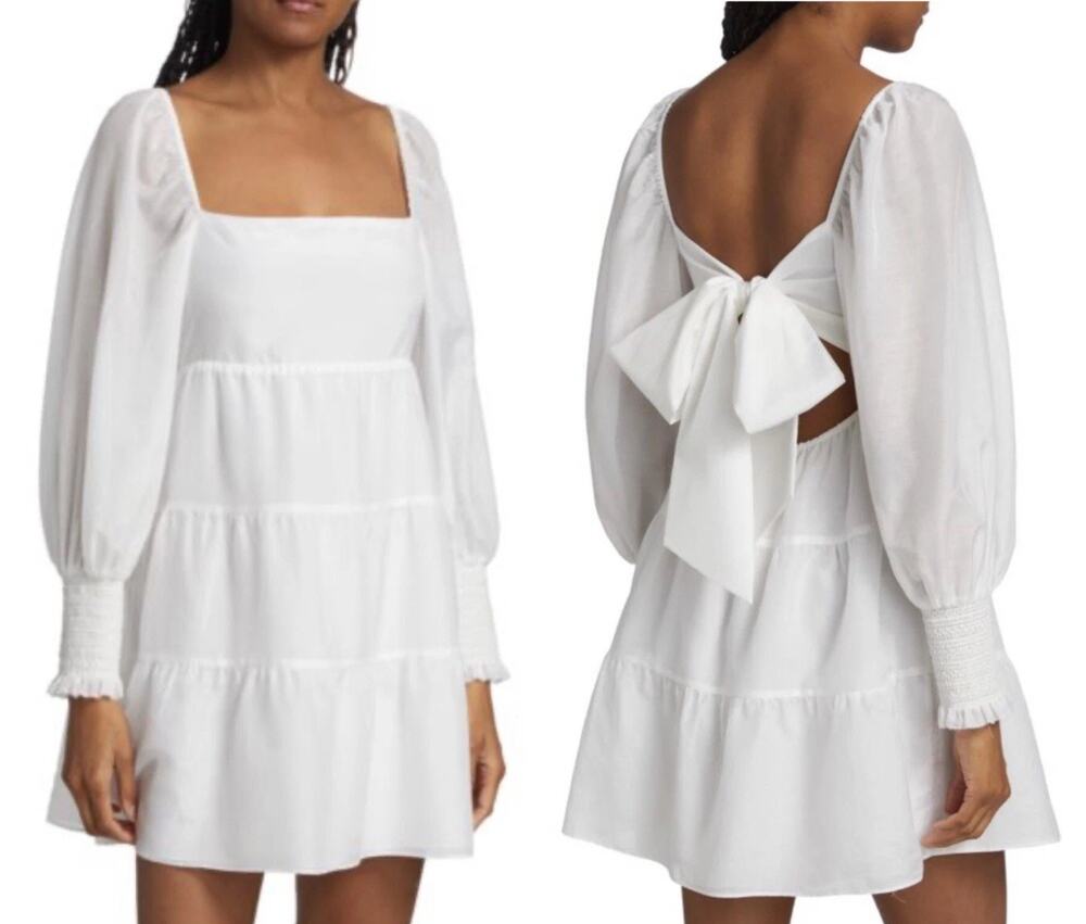 NWT Alice + Olivia Rowen Cotton Silk Tie Back Tiered Mini Dress White sz M